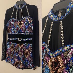 Glamour solo custom dance costume black blue leotard rhinestone LA-Large adult